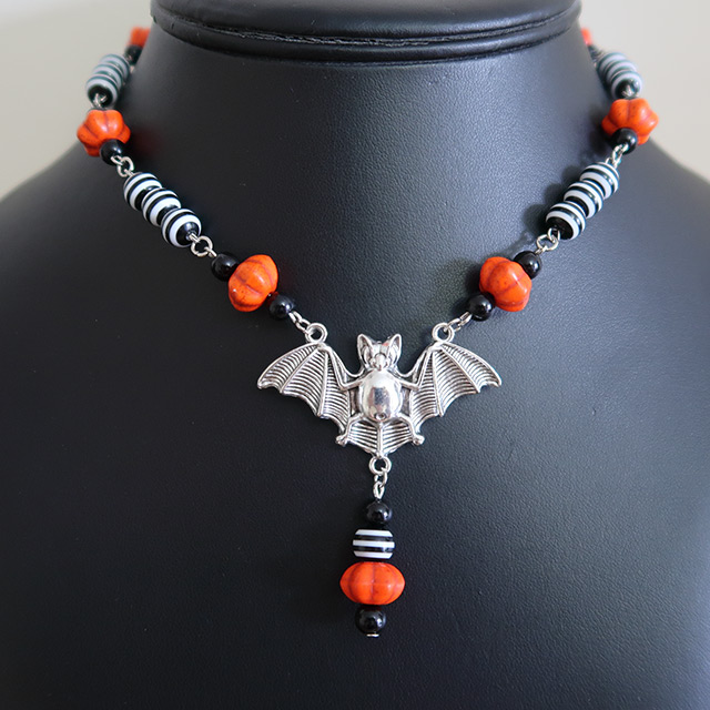 Halloween Striped Bat Necklace & Earrings Set (Pumpkin)