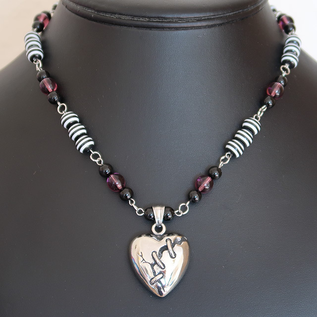 Broken Heart Necklace & Earrings Set (Black Onyx, Striped Resin, Purple Glass)