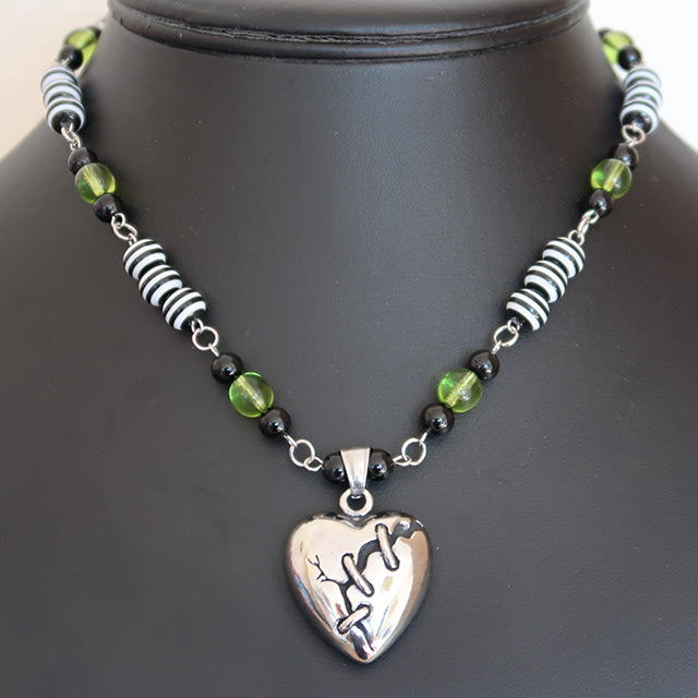Broken Heart Necklace & Earrings Set (Black Onyx, Striped Resin, Green Glass)